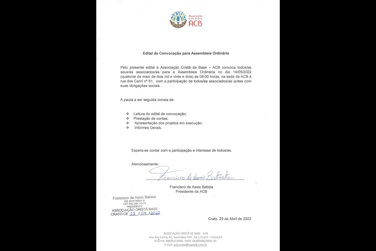 Edital de convocação para Assembleia Ordinária